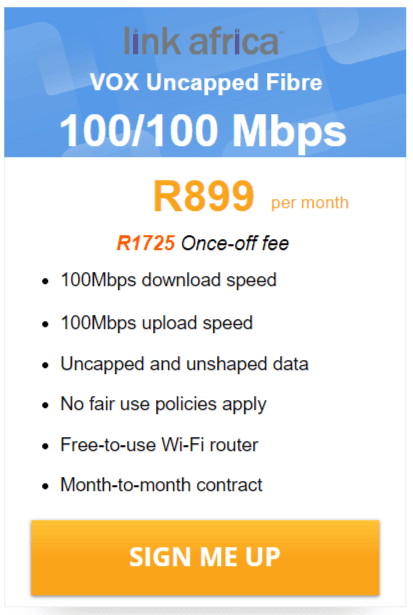 Vox Link Africa Fibre 100/100 Mbps Package