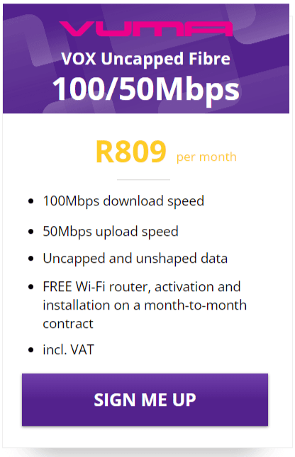 Vox Vuma fibre 100/50Mbps Package