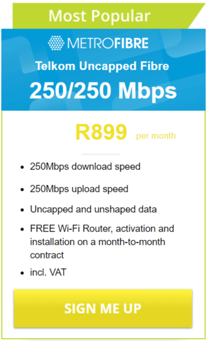 Telkom Fibre 250/250Mbps Package